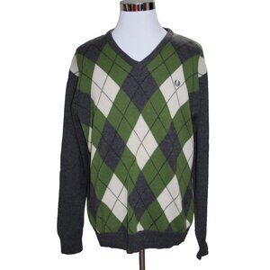 Fred Perry Pullover Men's V-Neck Sweater 2XL Argyle Pattern Multicolor Cotton